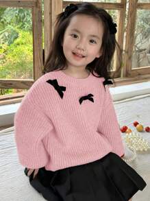 DAZY Young Girl Plain Round Neck Bow Decor Simple Stylish Knit Sweater, Suitable For Spring And Autumn - Pink - View 3