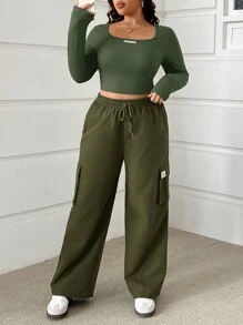 SHEIN EZwear 2 件大码女式休闲字母印花长袖上衣和工装裤套装，秋季 - 軍綠色 - 查看 4