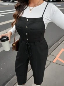 SHEIN LUNE Plus Size Women Button Design Loose Jumpsuit, Casual And Versatile, Autumn Winter Clothes For Office WearNew Vears Women Outfit Holiday Outfit