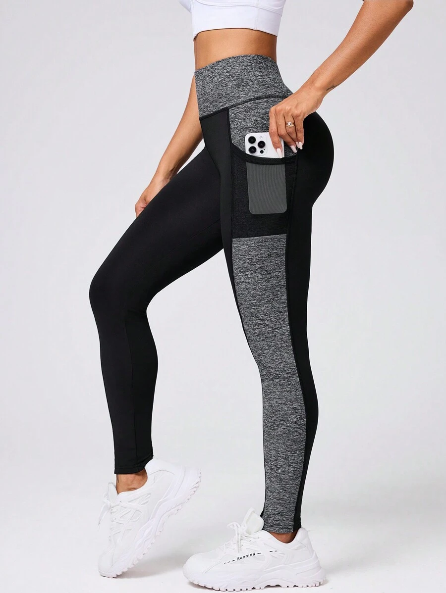 Easithlete Contrast Color Patchwork Wide Waistband Side Pocket Sports Leggings - Black - View 1
