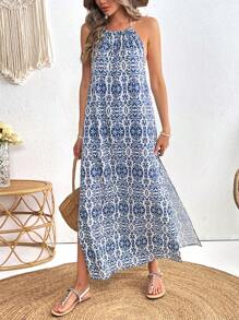 SHEIN VCAY Women's Halter Fringe Tie-Up High Slit Backless Vacation Printed Dress - Blue and White - View 5