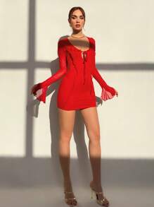 Aloruh 1pc Women Solid Color Front Tie V-Neck Elegant Long Sleeve Mini Dress