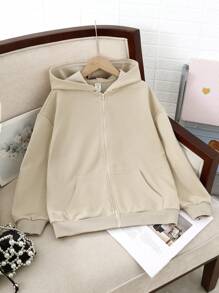 Áo khoác nỉ trùm đầu in chữ và ngôi sao mặt sau vai trễ phong cách đường phố giản dị cỡ lớn cho bé gái tuổi mới lớn - Màu Khaki - Xem 2