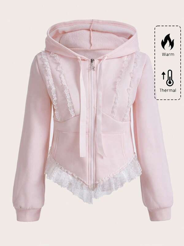 ROMWE Kawaii Contrast Lace Frill Trim Zip Up Hoodie, School,Long Sleeve Tops Graduation,Back To School Outfits,Graduation,Teacher Outfits For Women,Back To School