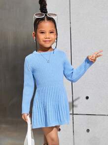 SHEIN Leap Crew Đầm len dài tay cổ tròn xếp ly màu trơn dành cho bé gái SLAYR KIDS - Màu xanh lam - Xem 5