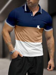 Manfinity Dauomo Cămașă polo casual pentru bărbați, cu dungi cu mânecă scurtă, cu nasturi