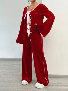 SHEIN EZwear 2pcs New Year Women Velvet Tie Front Long Sleeve Top And Pants Set