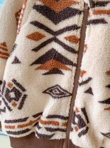 Blossori Young Boys Elegant French Style Khaki Loose Geometric Print Zip Up Jacket, Autumn/Winter - Multicolor - View 7