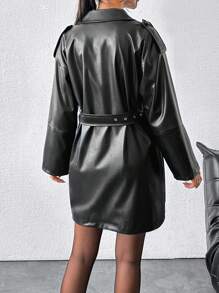 EURMUSE Women's Solid Leather Midi Trench Coat - Black - View 2
