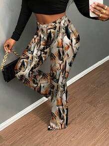 Slaydiva Plus Size Women's Casual Minimalist Floral Print Flare Pants, Elegant Flared Trousers For Spring & Autumn