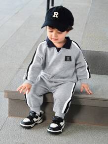 SHEIN 2pcs Baby Boys Color Block Collar Long Sleeve Top And Ribbed Cuff Pants Set - Grey - View 1
