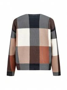 Episodic Drawing Artist Casual Classic Plaid Pattern Loose Fit Crew Neck Knit Sweater, Suitable For Autumn/Winter, Holiday, New Year, Thanksgiving, Vacation, Festival, Ibiza Fits - Brown - View 2