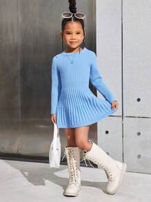SHEIN Leap Crew Đầm len dài tay cổ tròn xếp ly màu trơn dành cho bé gái SLAYR KIDS - Màu xanh lam - Xem 1