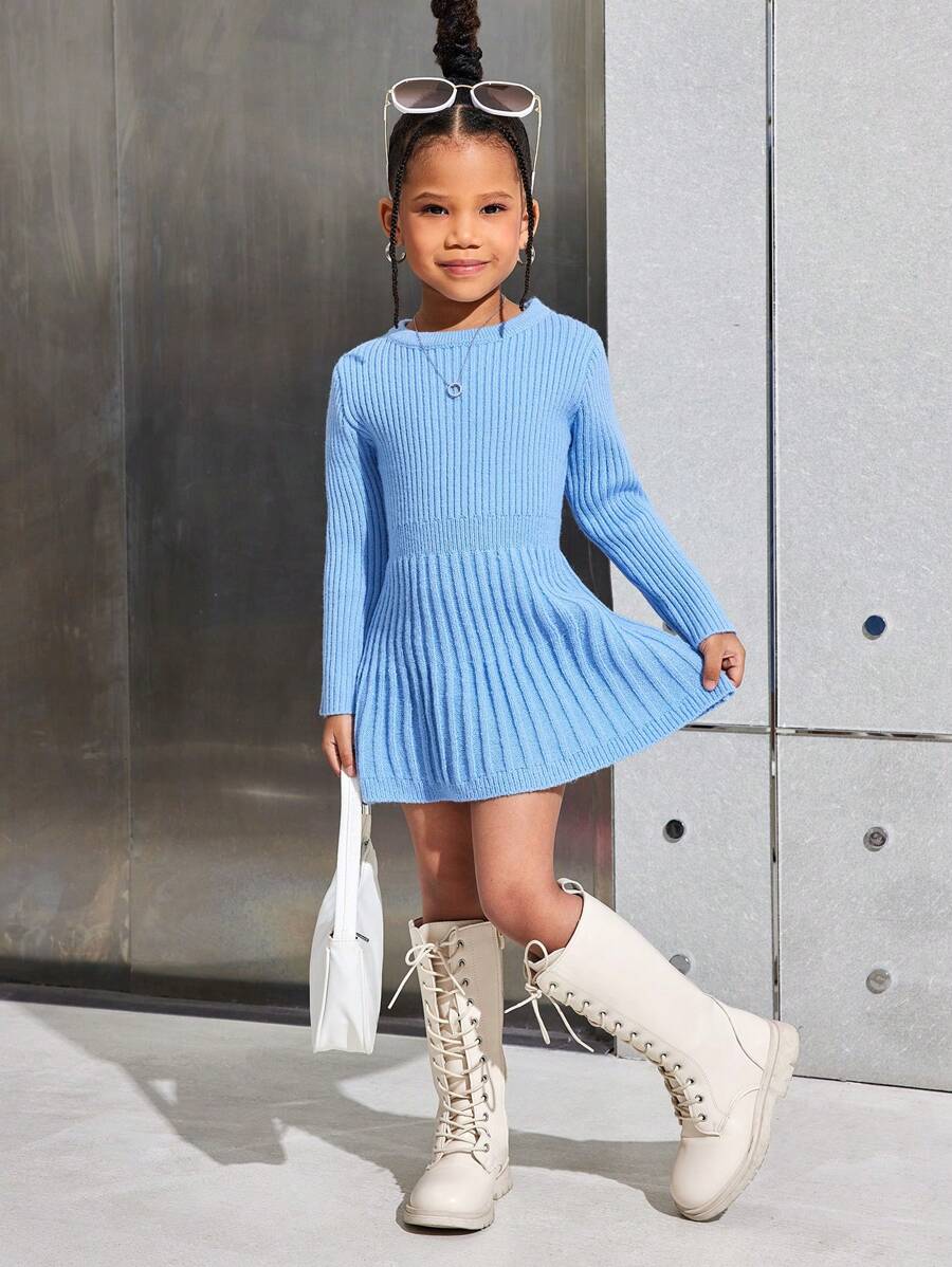 SHEIN Leap Crew Đầm len dài tay cổ tròn xếp ly màu trơn dành cho bé gái SLAYR KIDS - Màu xanh lam - Xem 1