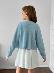 Tween Girls Knitted Solid Color Camisole With Long Sleeve Cardigan, Casual Autumn/Winter Outfit - Blue - View 2