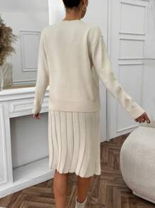 EURMUSE Woman Button Detailed Regular Fit Winter Sweater Co-Ords Cardigan Skirt Two Piece - Beige - View 2