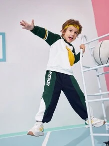 SHEIN 年轻男孩冬季运动套装运动衫和裤子，暖色块拼接插肩袖学院风骑行、登山、跑步，复古美式长袖领口两件套，印花字母 L，ATHLOW 色罗纹针织饰边 3 种颜色