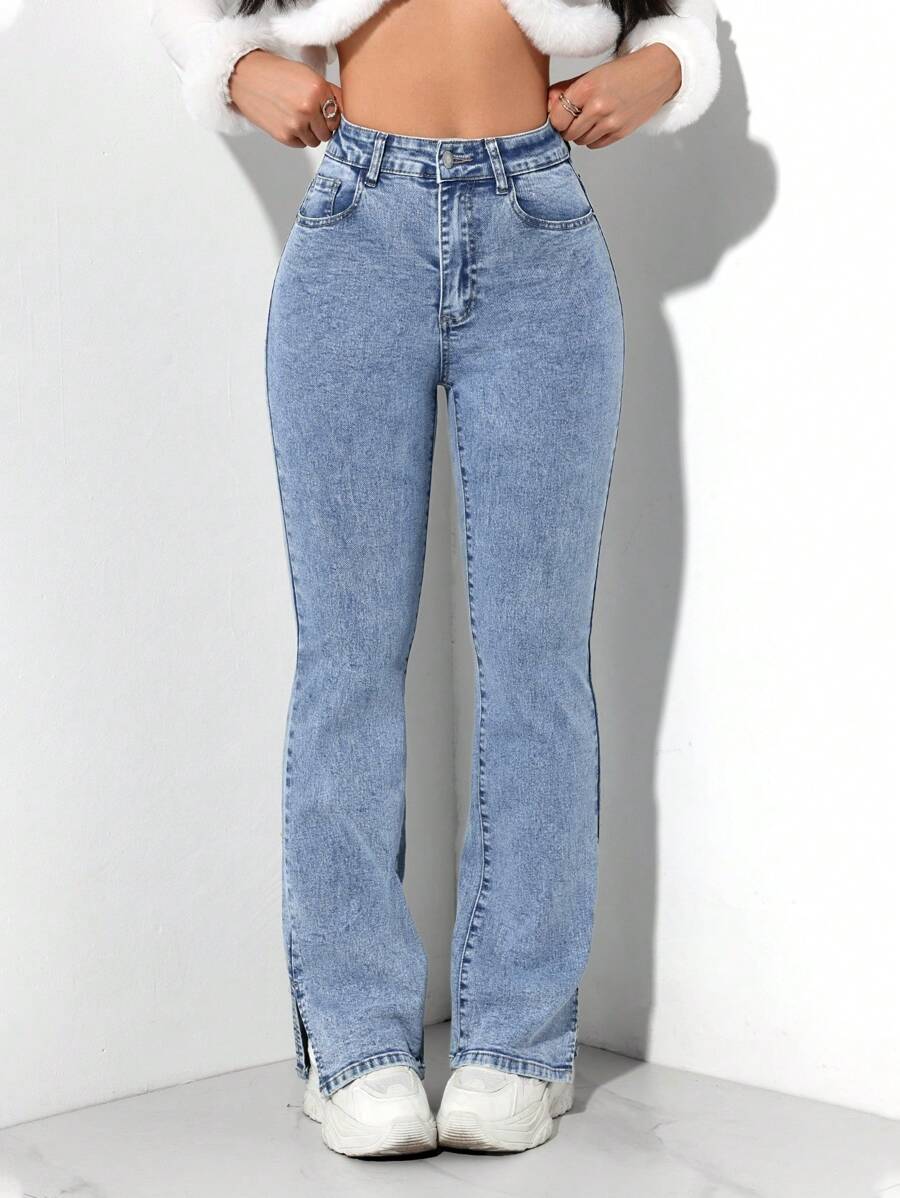 SHEIN PETITE 女士休闲喇叭口袋牛仔裤 - 藍色 - 查看 1