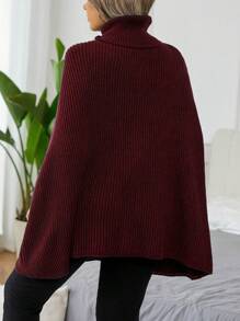 Calvaya 大码纯色高领罗纹插肩袖优雅套头毛衣，冬季秋季针织套头衫 - 酒紅色 - 查看 2