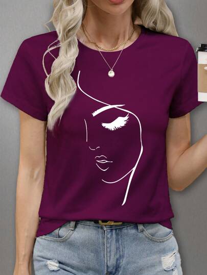 SHEIN LUNE Women's Casual Short Sleeve Round Neck Tee With Minimalist Face Line Drawing & Closed Eye Woman Print Graphic Tees Women Tops