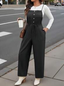 SHEIN LUNE Plus Size Women Button Design Loose Jumpsuit, Casual And Versatile, Autumn Winter Clothes For Office WearNew Vears Women Outfit Holiday Outfit