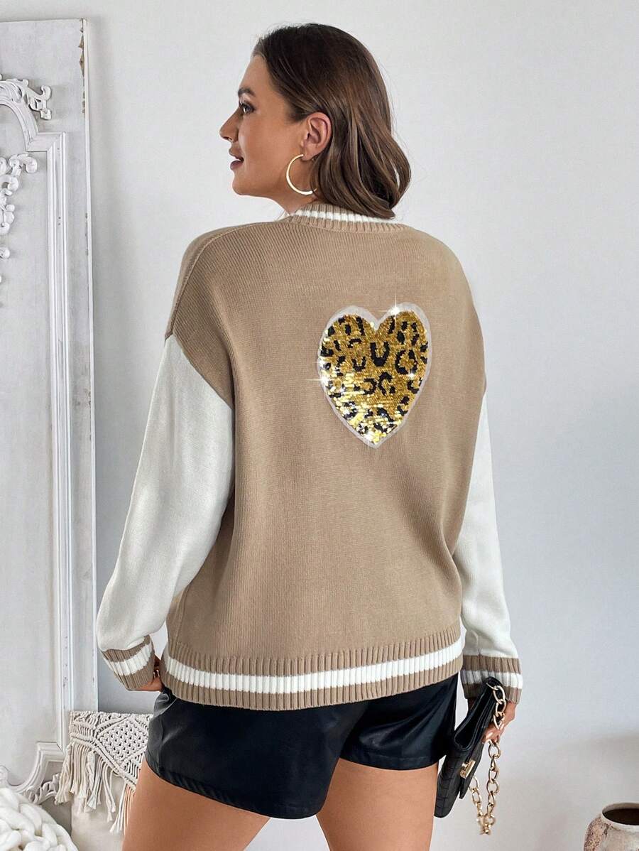 SHEIN Clasi 大码女式条纹装饰口袋开衫毛衣商务休闲女士、工作服、秋季婚礼宾客礼服，适合冬季 - 卡其色 - 查看 1