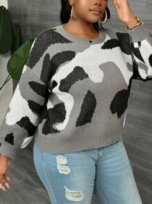 Slaydiva Casual Plus Size Women Camouflage Pattern Pullover Sweater, Olive Green - Grey - View 4