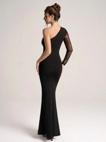 SHEIN Belle Women's Elegant Lace Patchwork Asymmetric Neckline Fishtail Formal Evening Gown, Black Long Sleeve Prom Dress, For Wedding Guest, Graduation, Dinner