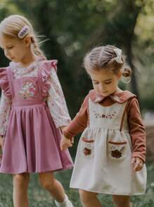 SHEIN Baby Girls 2 Pieces Set,Long Sleeve Floral Ruffled Collar Tee & A-Line Dress,Embroidery Peter Pan Collar,Soft Beige Autumn Vintage Picnic Outfits - Multicolor - View 1