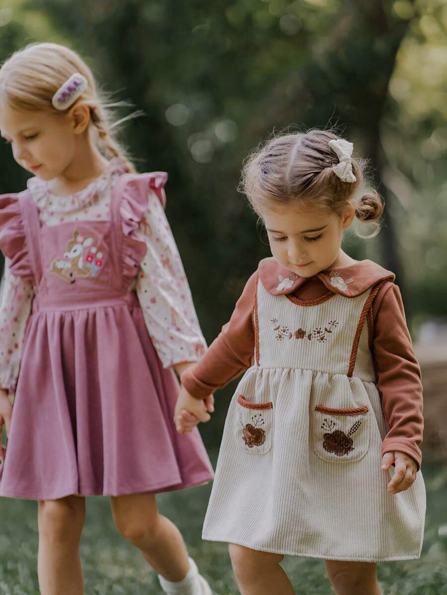 SHEIN Baby Girls 2 Pieces Set,Long Sleeve Floral Ruffled Collar Tee & A-Line Dress,Embroidery Peter Pan Collar,Soft Beige Autumn Vintage Picnic Outfits - Multicolor - View 1