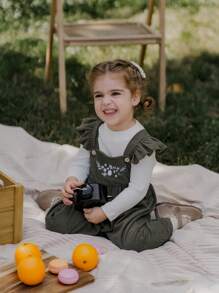 SHEIN Baby Girl Fluffy High Collar Sweater & Corduroy Cap Sleeve Jumpsuit Set, New Arrival Autumn/Winter Warm And Comfortable, Stylish Korean Fashion, Casual Outfit