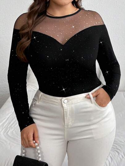 SHEIN Privé Blusa de manga larga con paneles de lentejuelas y malla para tallas grandes, elegante para fiestas, meriendas, citas, conciertos - Año Nuevo, días festivos, oficina, glamorosa