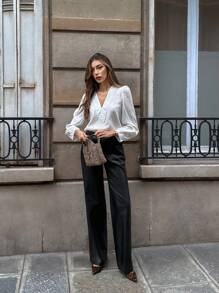 Pariaura Damen einfarbiges minimalistisches V-Ausschnitt Langarm leichtes Hemd, Lässig für Frühling, Herbst und alle Jahreszeiten