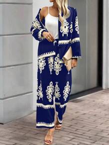 SHEIN Clasi Bộ 2 món áo sơ mi tay dài in họa tiết ngẫu nhiên và quần dài cho nữ - Màu xanh hải quân - Xem 3