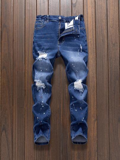 SHEIN Tween Boy Black Distressed & Painted Casual Elastic Skinny Jeans, School, Campus, College Chic Outfits For Autumn/Winter