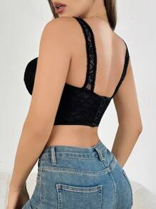 Camiseta de tirantes asimétrica de encaje sexy - Negro - Ver 2