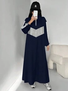 Mulvari Women Contrast Color Crew Neck Long Sleeve Sweatshirt, Modest Casual Muslim Clothing Long Sweatshirt Women Sweatshirts, For Casual Daily/Back To School/Travel - Royal Blue - View 5