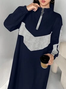 Mulvari Women Contrast Color Crew Neck Long Sleeve Sweatshirt, Modest Casual Muslim Clothing Long Sweatshirt Women Sweatshirts, For Casual Daily/Back To School/Travel - Royal Blue - View 6