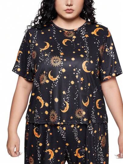 Hippie Ensemble décontracté de pyjama oversize à imprimé soleil et lune, avec t-shirt à manches courtes et pantalon