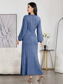 Modelyn Women's Casual Solid Color V-Neck Twist Rope Sweater Dress, Autumn/Winter - Dusty Blue - View 2