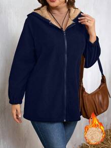 Plus Size Solid Color Thermal Lined Hooded Zip Up Long Sleeve Jacket, Autumn/Winter - Navy Blue - View 3