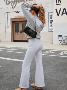 INAWLY 2pcs Women Set - Solid Color Hooded Neck Tie Pocket Long Sleeve Top And Flared Pants - Grey - View 3