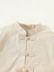 SHEIN Baby Boy Spring/Summer New Casual Loose Minimalist Chinese Style Button-Up Shirt And Shorts Set, Suitable For Wedding, Birthday Party, Evening Event, Christening