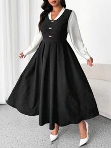 Flirla 全新优雅甜美简约黑色纹理面料拼布泡泡袖复古女式连衣裙，春秋季