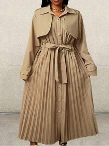 Slaydiva Damen Große Größen Eleganter Pendler-Trenchcoat mit plissierter Patchwork-Optik und langen Ärmeln, Herbst/Winter - Khaki - Übersicht 2