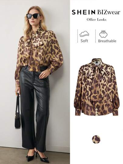 BizChic Leopard Print Long Sleeve Blouse, Leopard Pattern Shirt For Women, Office Wear, Spring Summer, Christmas Party, Thanksgiving, Elegant For New Year,