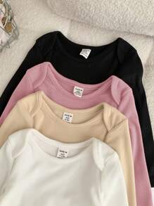 SHEIN LMoss Kids 4pcs LMoss Newborn Baby Girl Knit Elastic Solid Color Open Crotch Bodysuit Set, Autumn/Winter , Basics - Multicolor - View 3