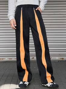 Manfinity VCAY Pantalones casuales sueltos y rectos con cintura elástica y parches para hombres, para uso diario cómodo - Negro - Ver 1