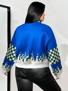 Flirla Plus Size Women's Motor Pattern Printed Casual Sports Racer Jacket, Autumn - Multicolor - View 2