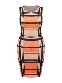 SHEIN Clasi Bộ 2 món/bộ cỡ lớn: Áo thun trơn màu thường ngày & váy kẻ caro không tay, mùa thu - trái cam - Xem 4
